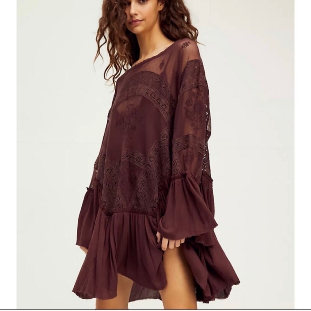 NWT Free People Layered in Lace brown swing mini dress S